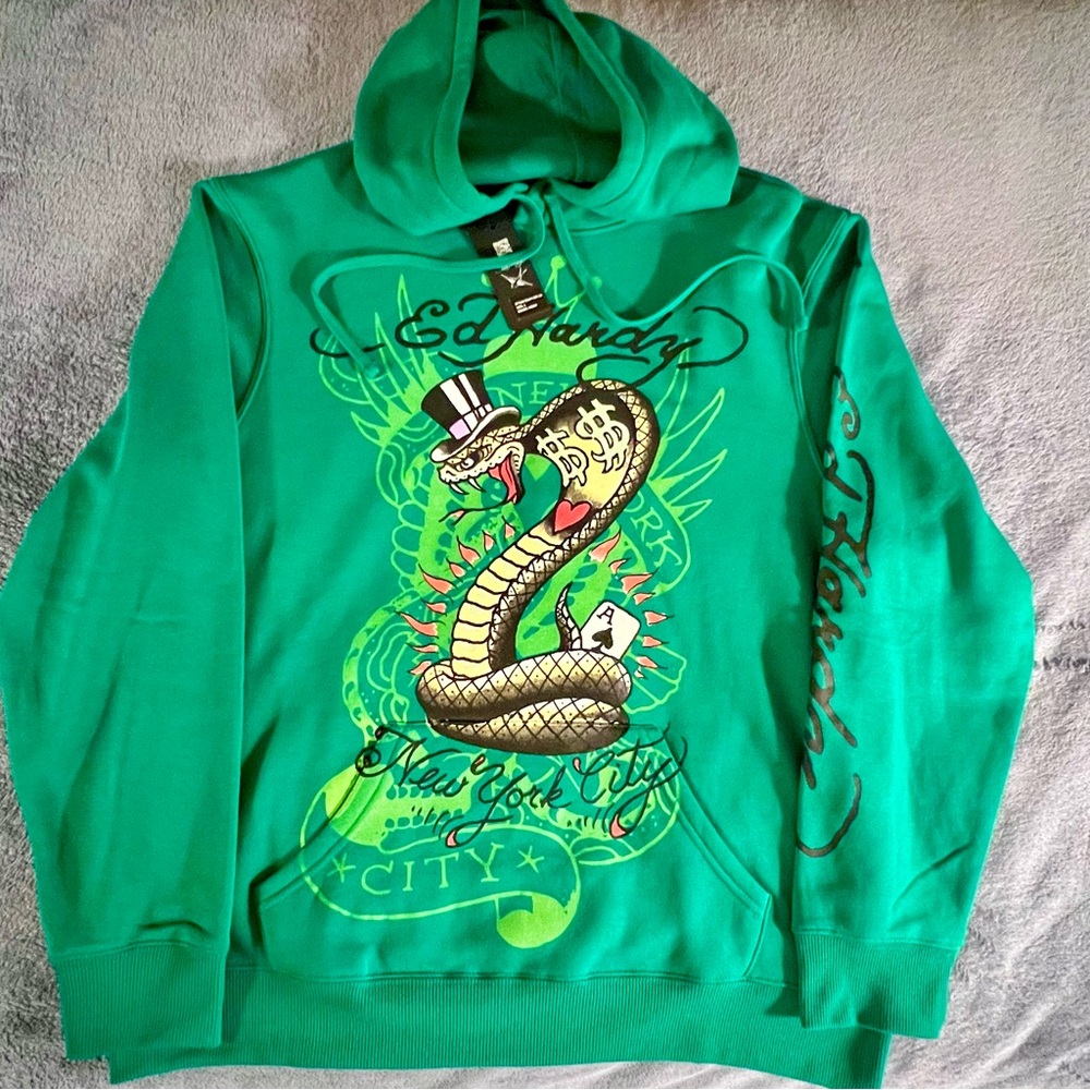Ed Hardy Cobra Ace Hoodie Sweatshirt Size Large Green - Picture 13 of 14